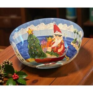 Oneida Coastal Holiday Serving Bowl Christmas Santa Flamingo Snowman on Beach